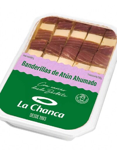 Envase de banderillas de atún ahumado y queso marca La Chanca.