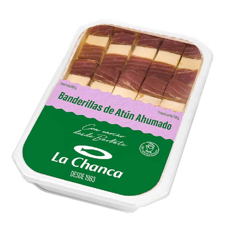 Envase de banderillas de atún ahumado y queso marca La Chanca.