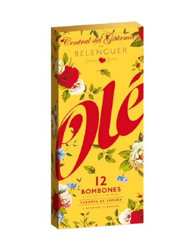 Caja amarilla de 12 bombones marca Belenguer de la serie Olé.