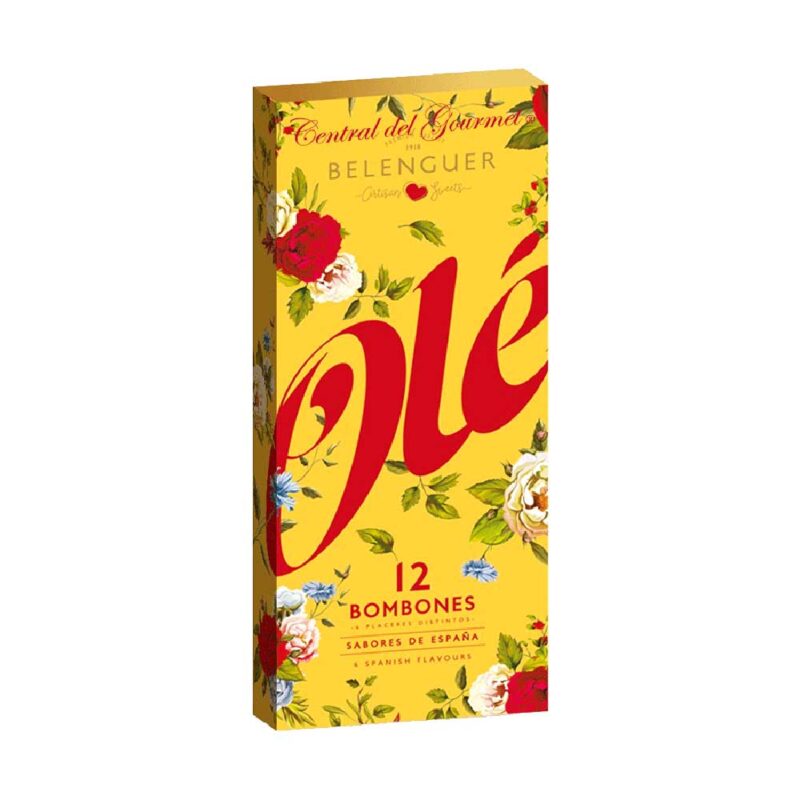 Caja amarilla de 12 bombones marca Belenguer de la serie Olé.