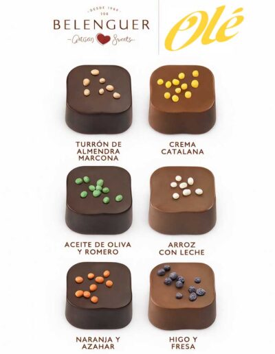 Selección de 6 bombones Belenguer serie Olé, diseño en amarillo.
