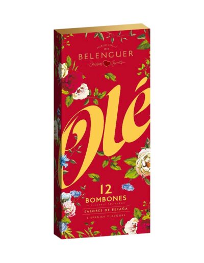 Caja roja de 12 bombones de la serie Olé.