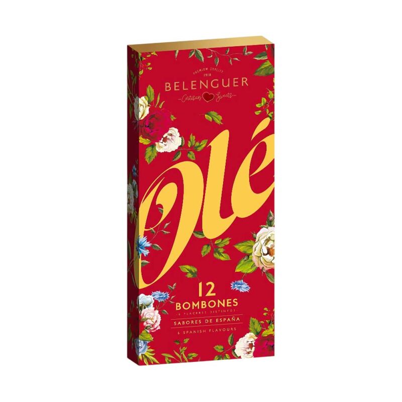Caja roja de 12 bombones de la serie Olé.