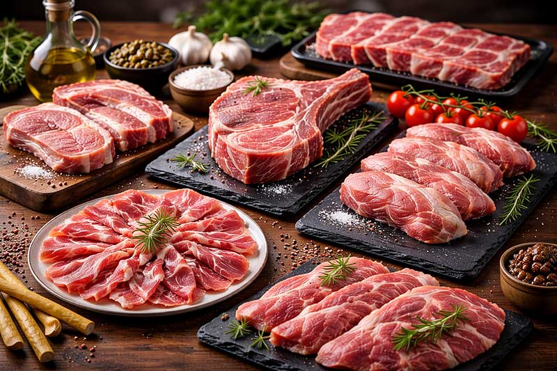 Variedad de cortes de carne de cerdo ibérico cruda, incluyendo presa, secreto y chuletón