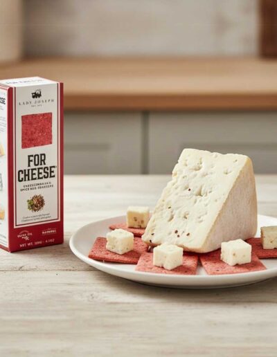 Crackers Lady Joseph servidas con cuña y dados de queso en un plato.