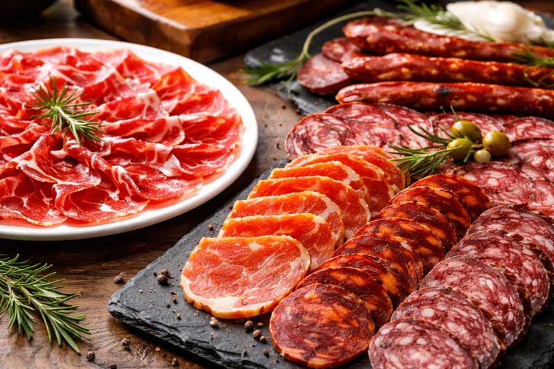 Surtido de embutidos ibéricos, jamón, lomo, salchichón y chorizo, servidos en un plato blanco y una tabla de pizarra.