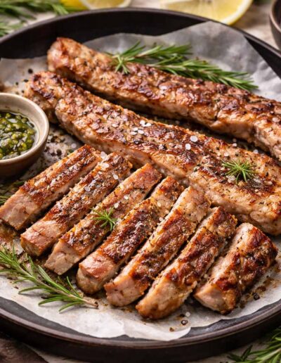 Lagarto ibérico de Ibéricos Félix cocinado a la brasa con romero y salsa verde.