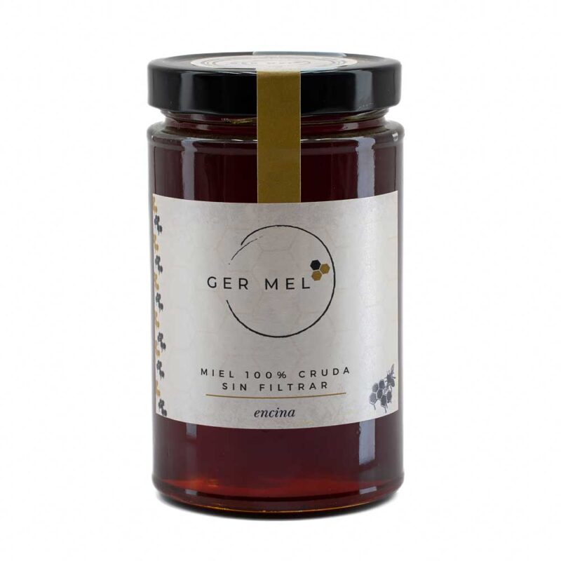 Tarro de cristal de 1kg de miel de encina Ger Mel, de color ámbar oscuro.