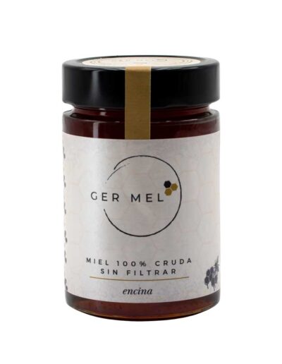 Tarro de cristal de 500 g de miel de encina Ger Mel, de color ámbar oscuro.