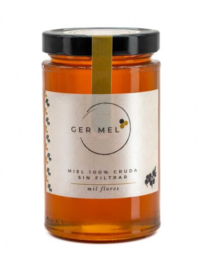 Tarro de cristal de 1kg de miel mil flores Ger Mel, de color ámbar claro brillante.