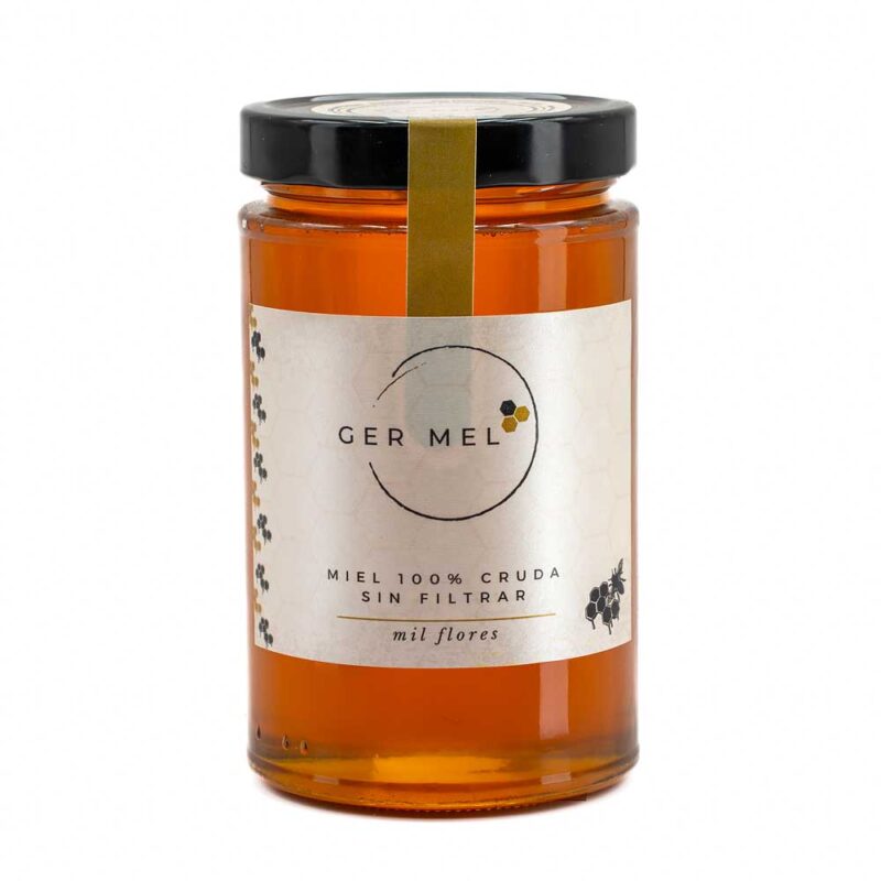 Tarro de cristal de 1kg de miel mil flores Ger Mel, de color ámbar claro brillante.