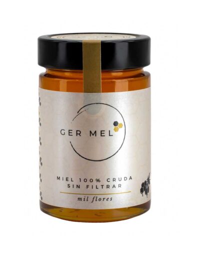 Tarro de cristal de 500 g de miel mil flores Ger Mel, de color ámbar claro brillante.