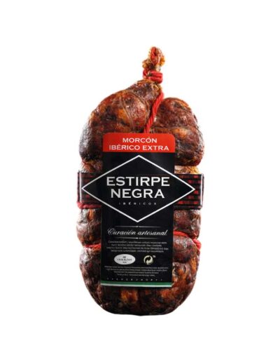 Morcón ibérico extra de la marca Estirpe Negra, pieza entera de forma redondeada y artesanal.