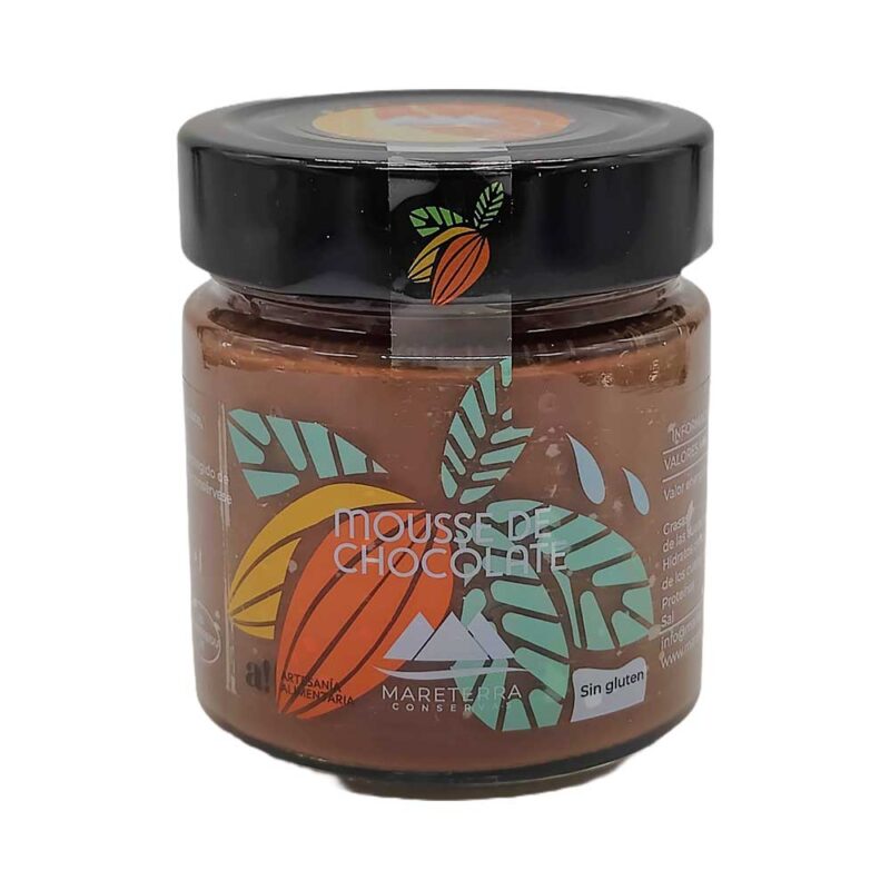 Tarro de mousse de chocolate sin gluten de Mareterra Conservas.