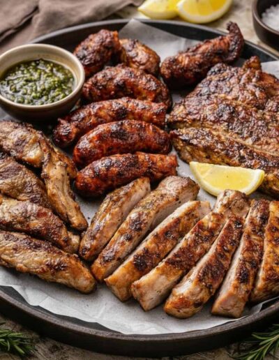 Plato aariado de parrillada ibérica cocinada con embutidos y cortes de cerdo.