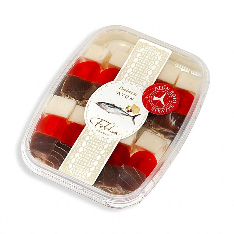 Bandeja de Piruletas de Atún Felisa Gourmet con dados de atún rojo salvaje, queso y guinda dulce.