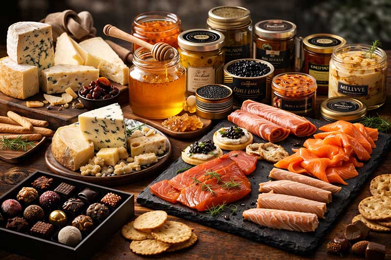 Variedad de productos gourmet: quesos, salmón, caviar, miel y bombones.