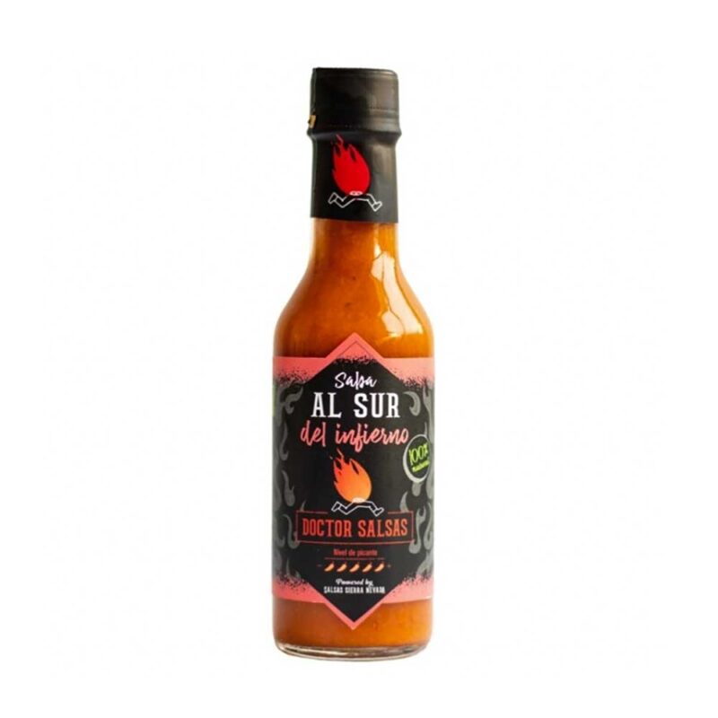 Botella de salsa picante extremo "Al Sur del Infierno" de Doctor Salsas