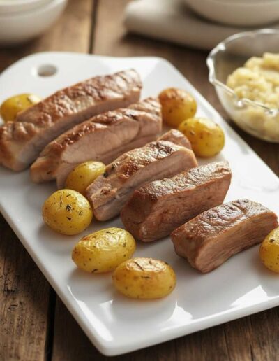 Secreto ibérico trinchado a la plancha acompañado de patatas baby y cuenco de salsa lateral.