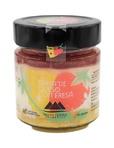 Tarro de tarta de queso con fresa sin gluten de Mareterra Conservas.