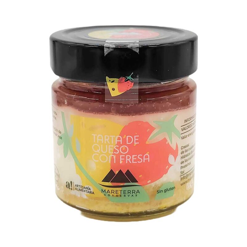 Tarro de tarta de queso con fresa sin gluten de Mareterra Conservas.