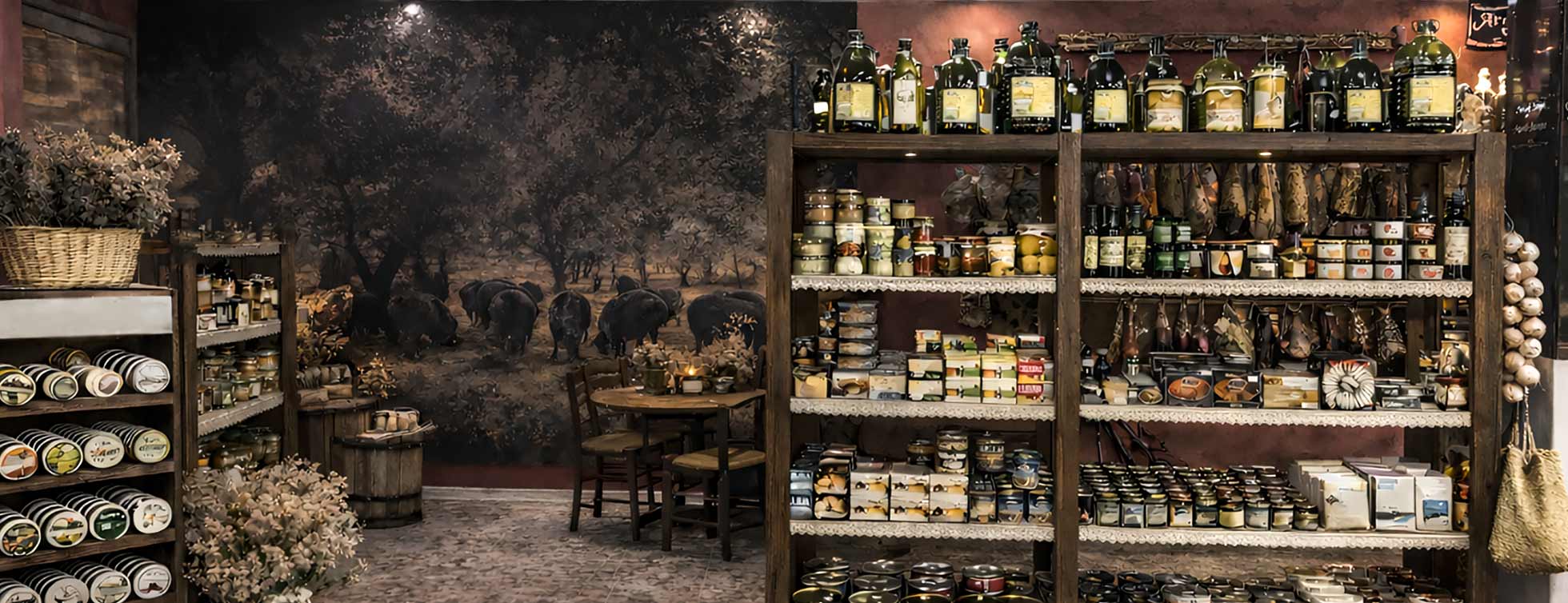Interior de la tienda gourmet, con estanterías de madera y mural de dehesa.