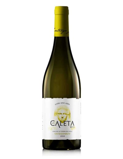 Botella de vino blanco "La Caleta Chardonnay 2024" de la Tierra de Cádiz.