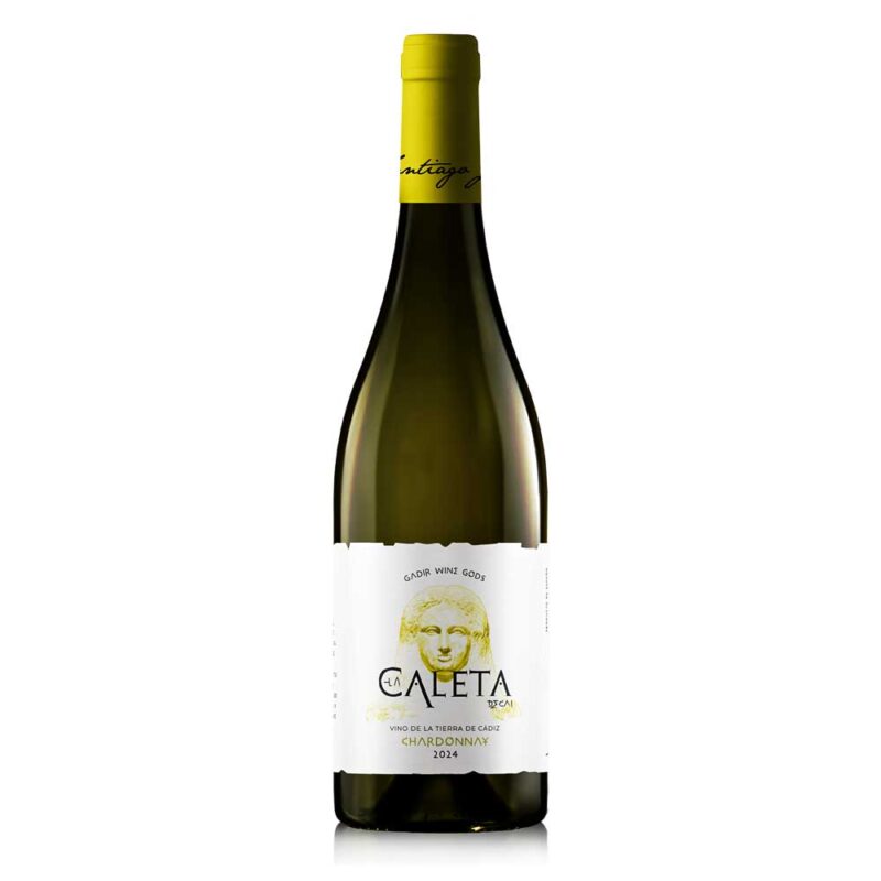 Botella de vino blanco "La Caleta Chardonnay 2024" de la Tierra de Cádiz.