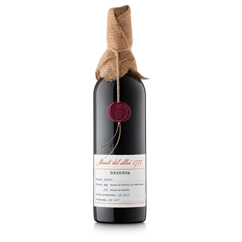 Botella de vino tinto reserva Penedès Maset del Lleó 1777.